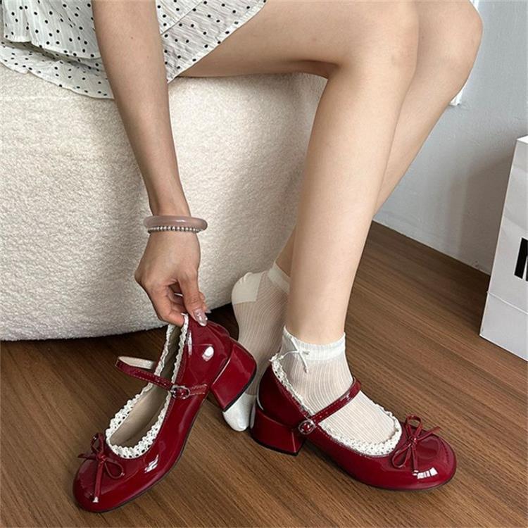 Red French ballet shallow mouth cute high heels women's summer 2025 new with skirt JK Mary Jane single shoes
