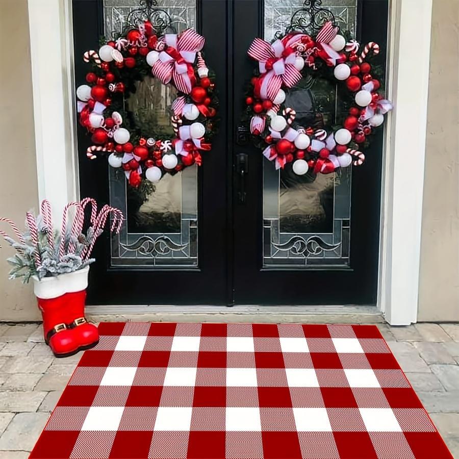 Weihnachts Karierter Outdoor Teppich, Waschbar und Rutschfest, Veranda Teppich Fußmatte, Festliche Heimdekoration