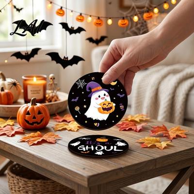 Halloween Table Decor Wooden Coasters Decorative Drink Heat Resistant Mats Pumpkin Ghost Pattern Coasters for Coffee Mugs Waterproof Party