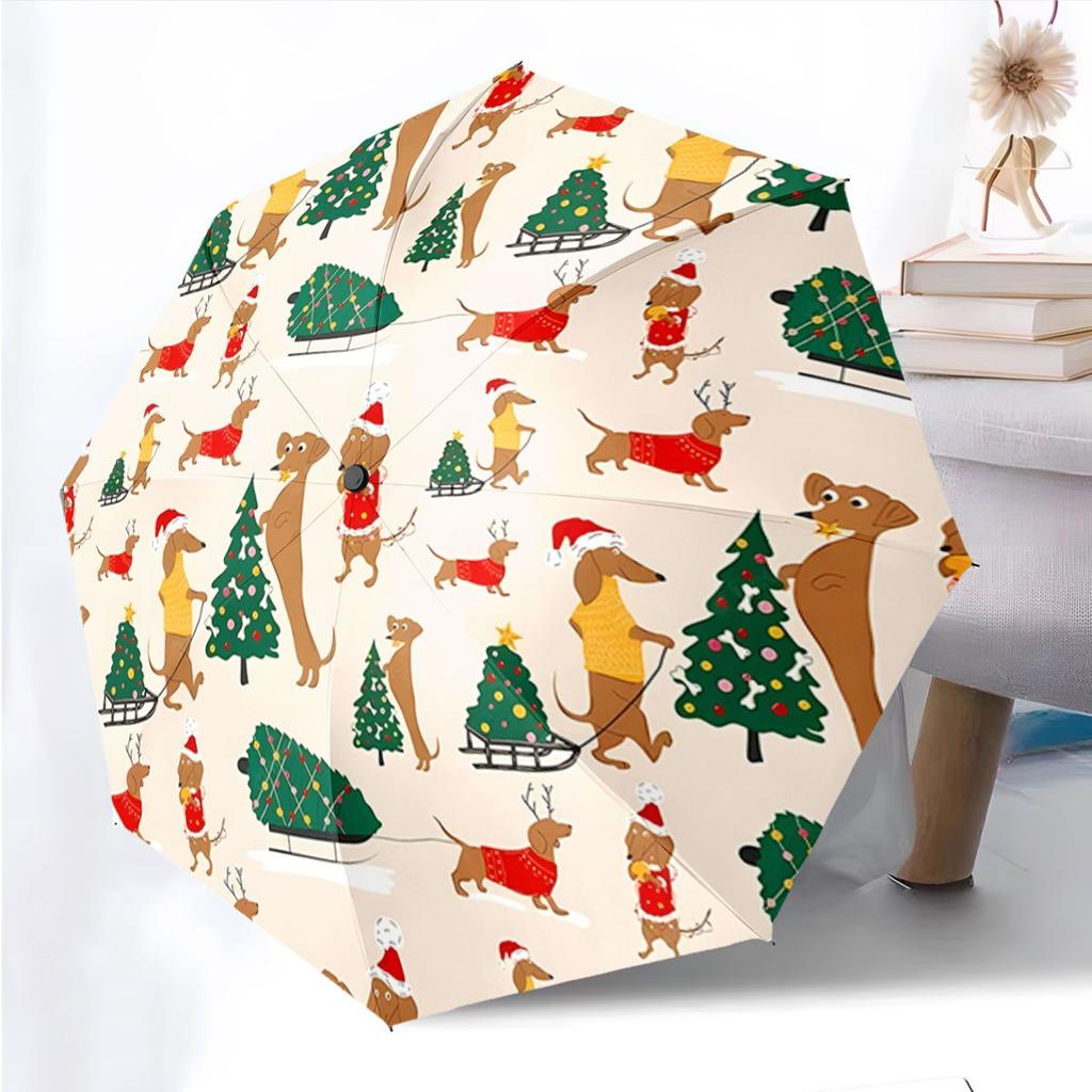 Automatic Folding Umbrella with Dachshund Dogs in Christmas Outfits & Trees - 8-Rib Collapsible Design, Portable Outdoor Acces