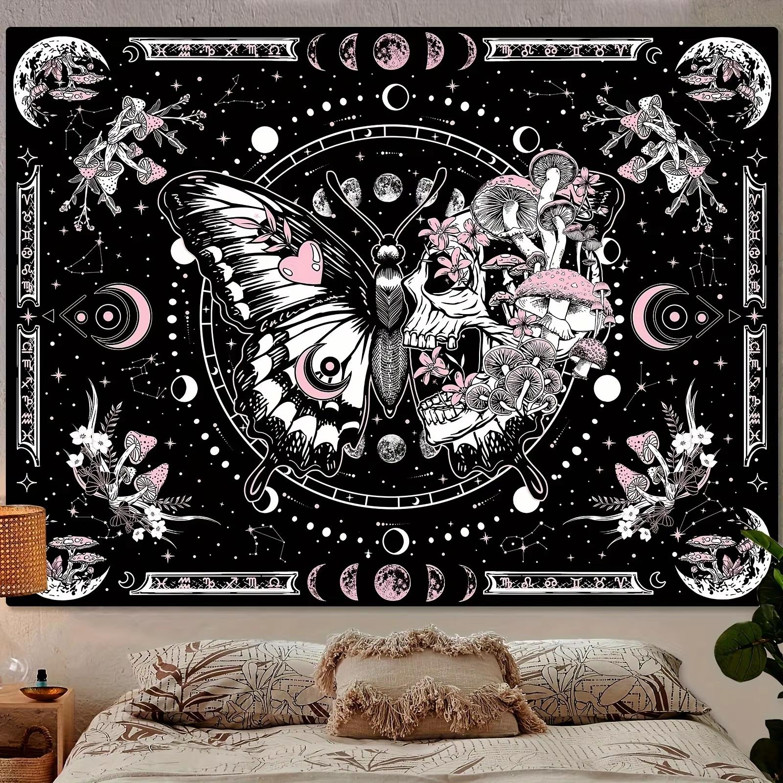 

Gothic Bohemian Wall Tapestries Pink Skulls Black Butterflies Mushroom Dark Floral Design Decorative Art for Home 74x94cm(29x37in)
