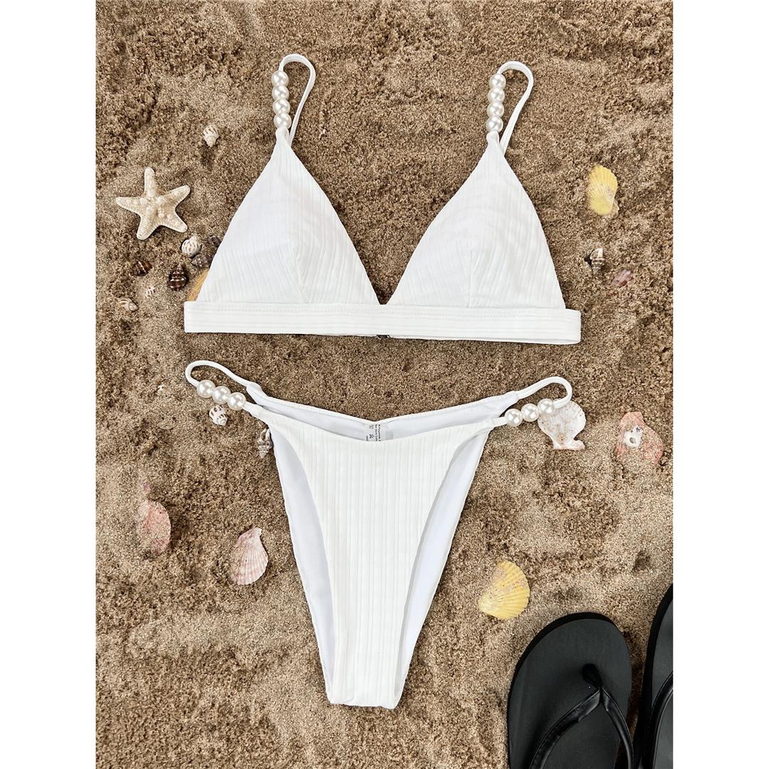 

Сексуальный жемчуг, высокий вырез бедра, мягкий бикини, женский купальник, женский купальник, комплект бикини из двух частей, купальный костюм, женский купальник S белый