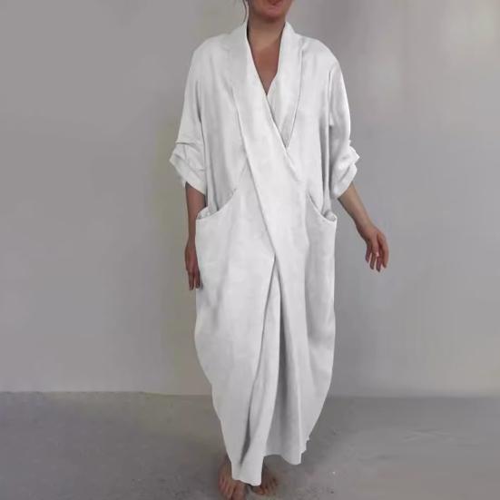 Spring Fall Maxi Dress Robe Baggy Cross V Neck Solid Color Large Pocket Retro A-line Bohemian