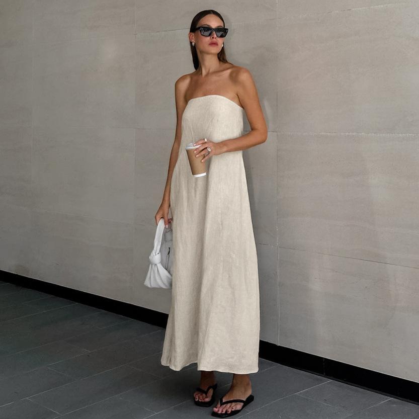 French khaki cotton and linen tube top holiday style high waist dress backless 2026 European and American summer new long dress women XS