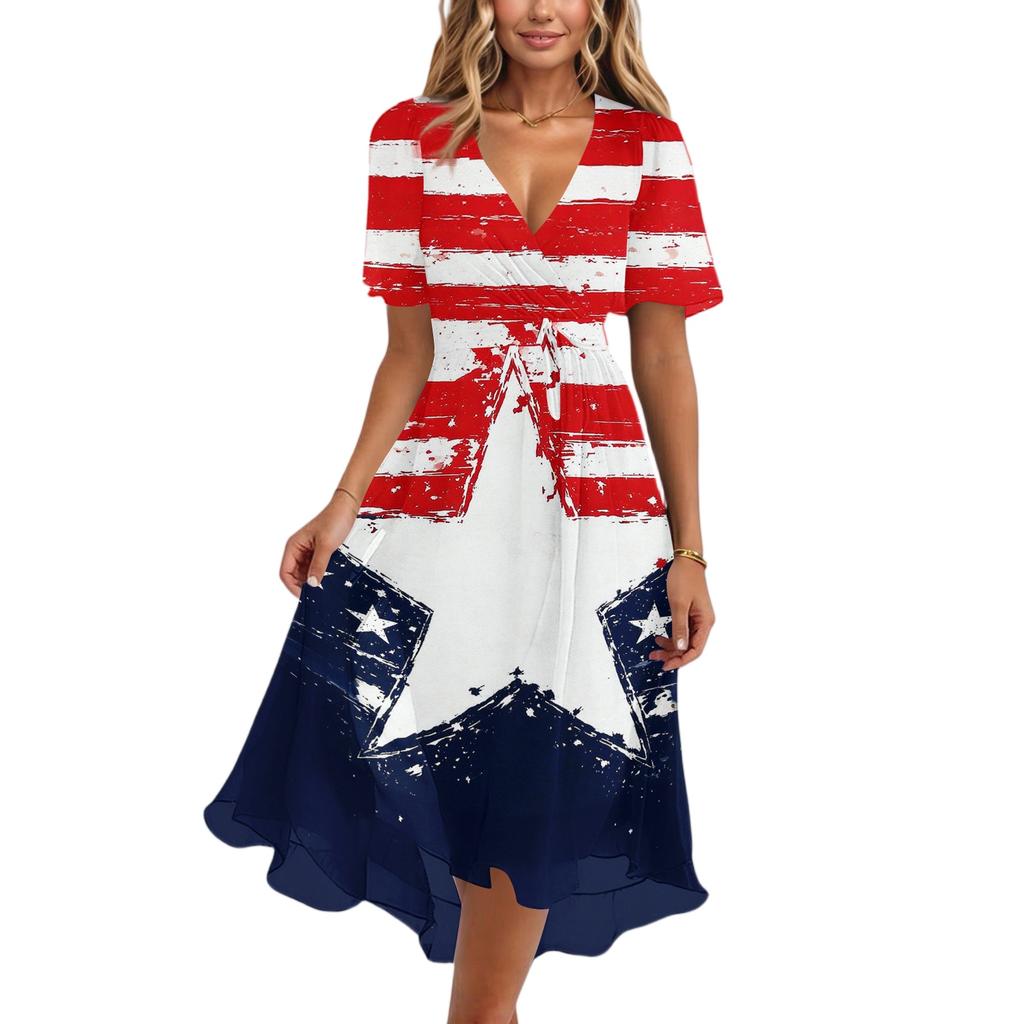 Women V Neck Short Sleeve Casual Dress Independence Day Star Print Wrap Midi Dress with Tie Waist Summer Party Dress