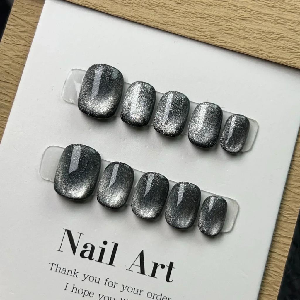 10Pcs Handmade White Cat Eye Short Ballerina Press On Nails Full Cover False Nail Tips Art Decoration