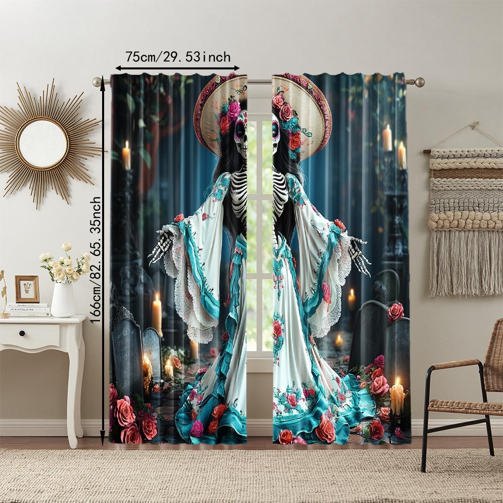 Set Of 2 Versatile Polyester Transparent Curtains Home Decoration Day Dead Sugar Skull Use Bedrooms Living Curtain Ideal For Bedroom