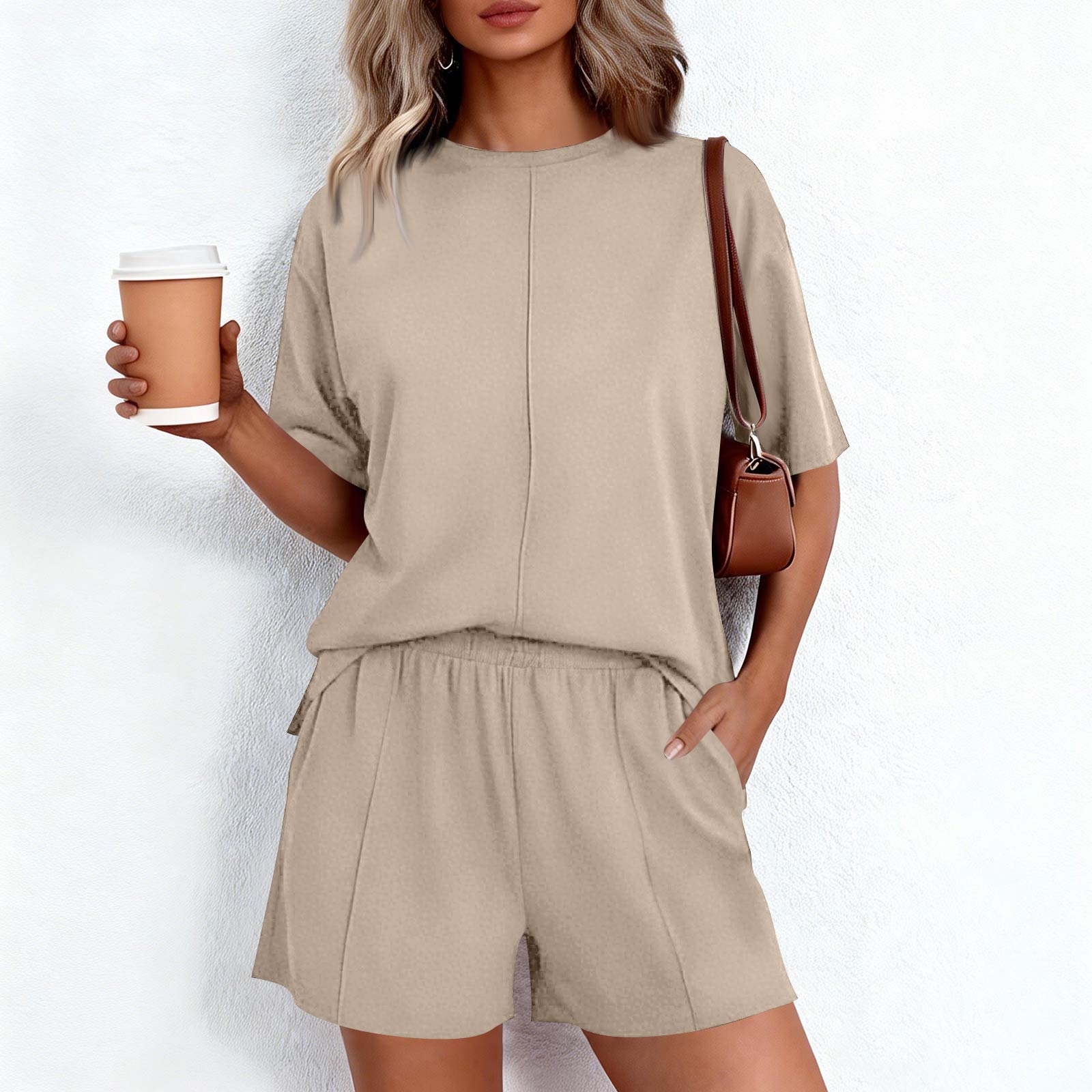 

Women s 2-Piece Fashionable Casual Loose-Fit Short-Sleeve Top And Shorts Set XXL бежевый
