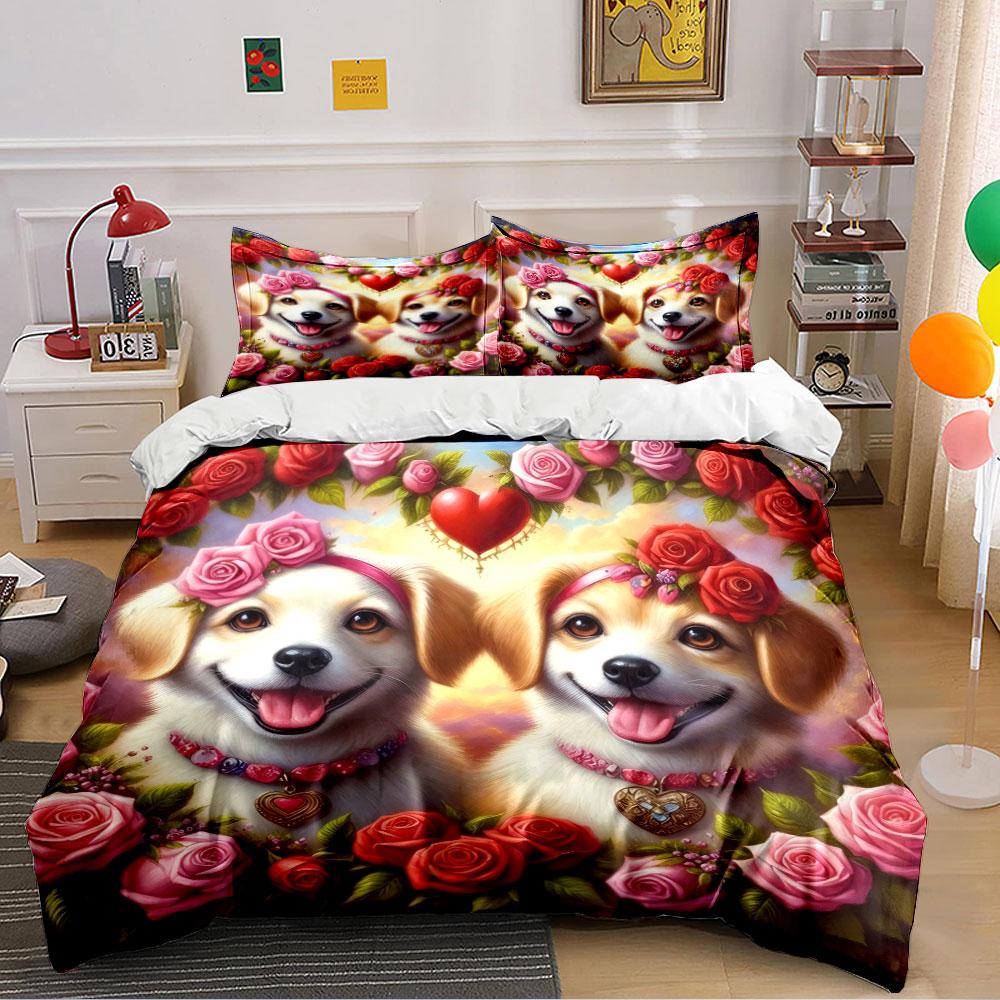 Golden Dogs with Rose Garland Bedding Duvet Cover Set (1*Duvet Cover 2*Pillowcases, without duvet insert)