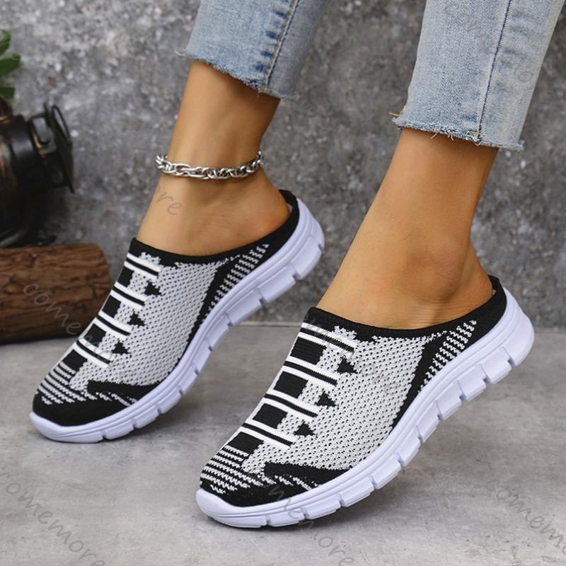 Fashion Comemore Lightweight Round Toe Slippers for Women Mules Flats Soft House Slippers Female Slides Flat Black Casual Mesh Shoes