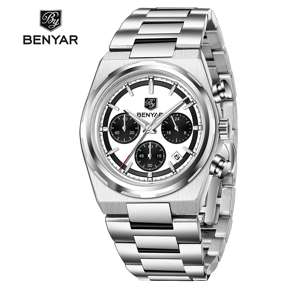 Benyar 40MM Multi-function Quartz Watch Mineral Strengthened Glass Stainless Steel Waterproof Strap Timing Clock Watch for Men