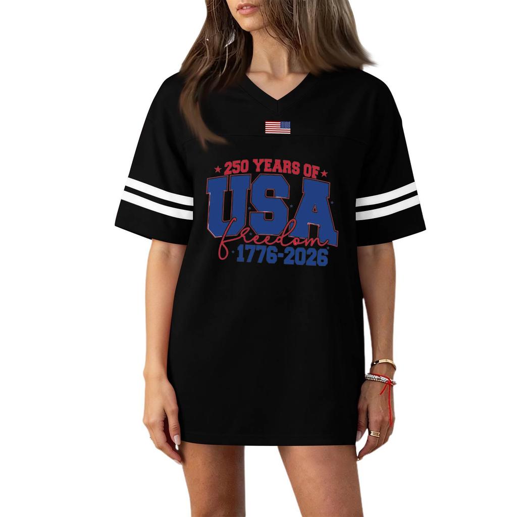 Damska Codzienna Modna Koszulka Sportowa z Dekoltem V z Nadrukiem na Dzień Niepodległości Krótkim Rękawem Top