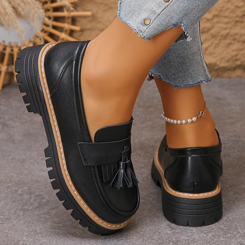 Tassels Bright Black Chunky Platform Loafers Women British Style Patent Leather Thick Sole Pumps Plus Size Uniform Lolita Shoes