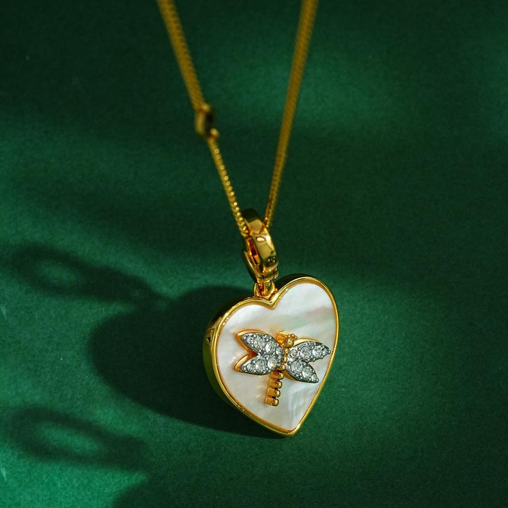 White Heart & Rhinestone Dragonfly Pendant Necklace for Women