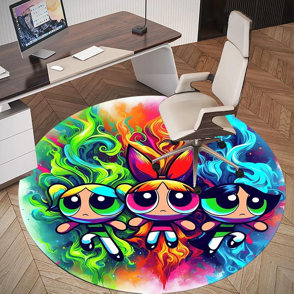 1pc Powerpuff Girls, Cartoon Round Chair mat Area Rug - Non-Slip, Floor Mat for Office, Bedroom, home decor Christmas Gift p0811035