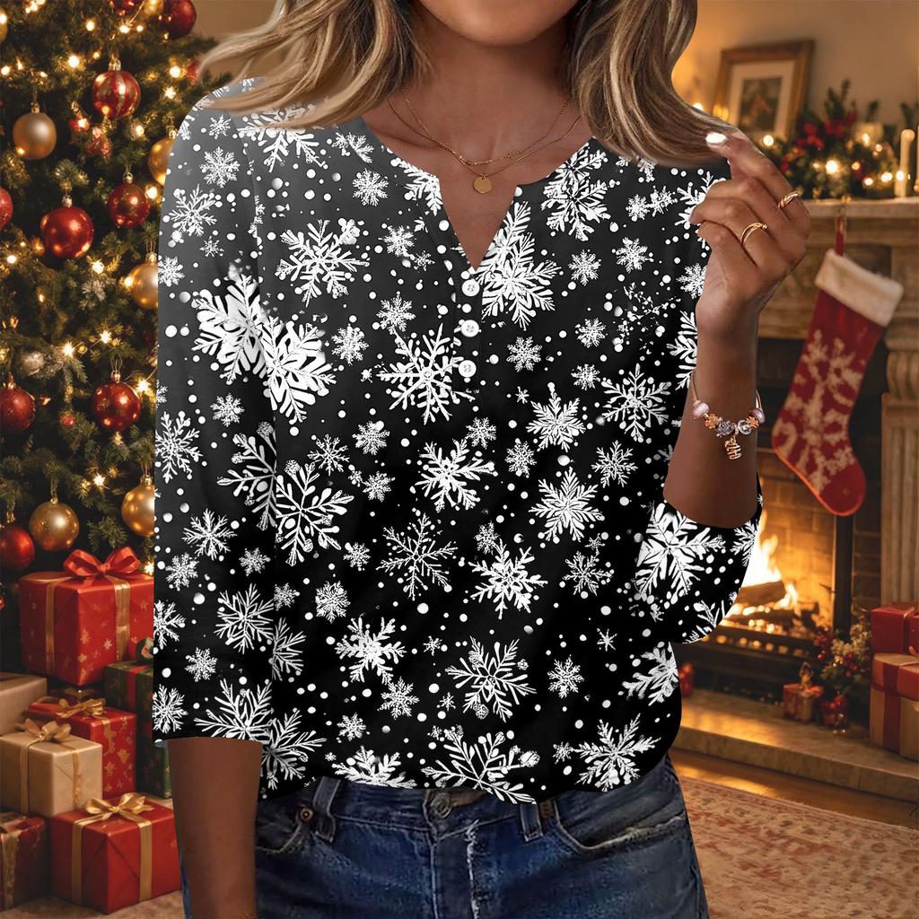 Women's Casual Christmas Print V-Neck 3/4 Sleeve Button-Front T-Shirt