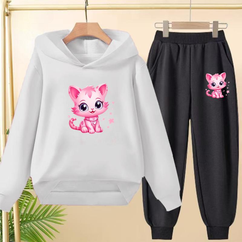 Children Clothes Sweatshirt Set Hooded Sweatshirt with Long Pants Cartoon and Lively Little Cat Girl Pink Set 3-13 Years Old Top