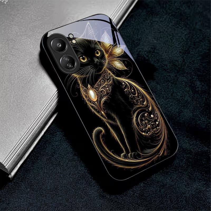 Luxury Jeweled Cat Black Glass Phone Case For Redmi Note 10 11 Pro+ 12 13 14 (Global) 14 Pro 5G (India) K60Ultra 13C 14C Cover