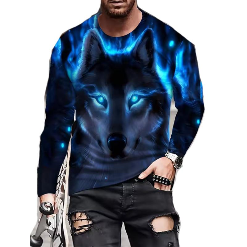 Men's Comfortable Colorful Wolf Pattern Long Sleeve T-Shirt Summer Design Polyester Round Neck Suitable for Outdoors