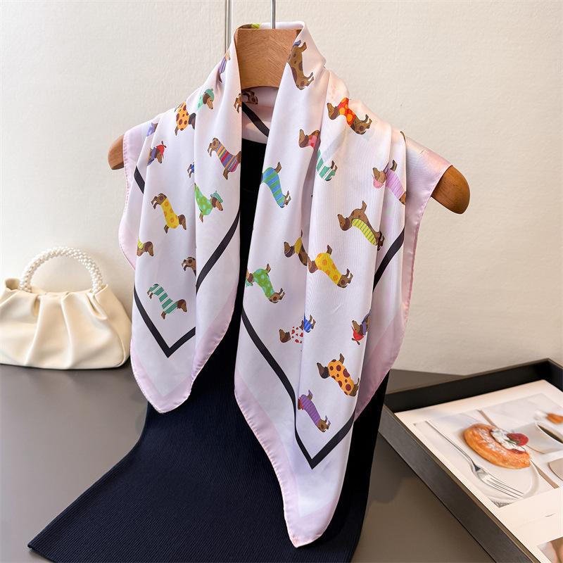 Silk Square Scarf Women Luxury Dog Print Kerchief Soft Satin Hairband Hands Bag Ribbon Foulard Hijab Neckerchief Headband Ladies