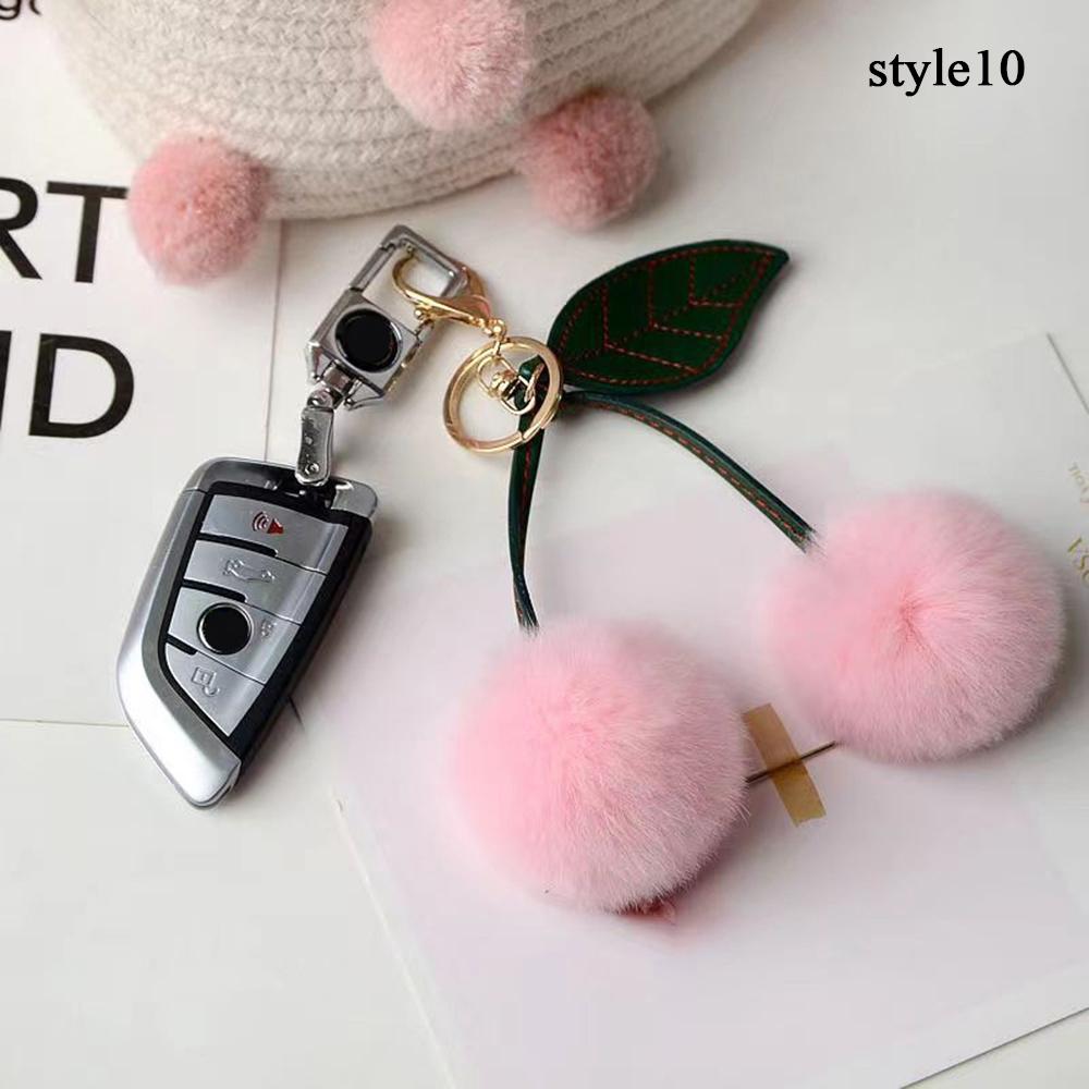 Keychain Key Fob Bag Pendant Fluffy Cherry Keyring Bag Hanging Leaf Artificial Rabbit Fur Ball Key Holder Plush Bag Accessories