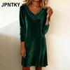 JPNTKY Fashion Autumn Winter Solid Color Print  U-Neck Long Sleeve Casual Dresses