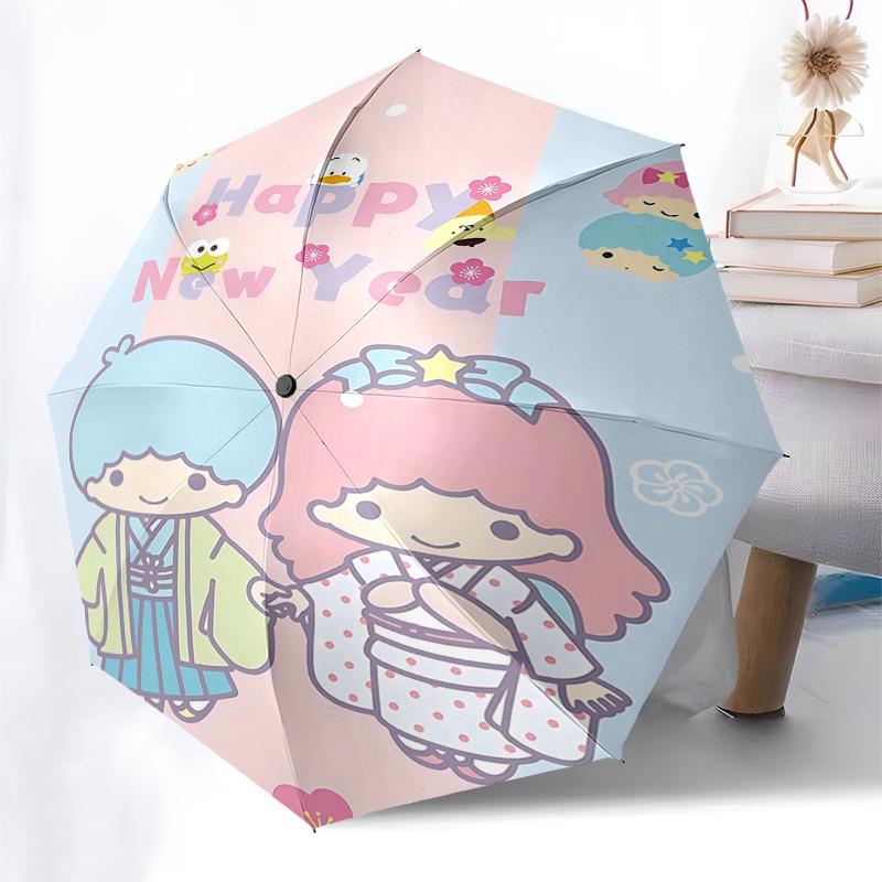 1pc Little Twin Stars Happy New Year Edition Automatic Opening/Closing Umbrella with Convenient Three-Fold Design, 8-Bone Iron Frame, Outdoor Use, Fes