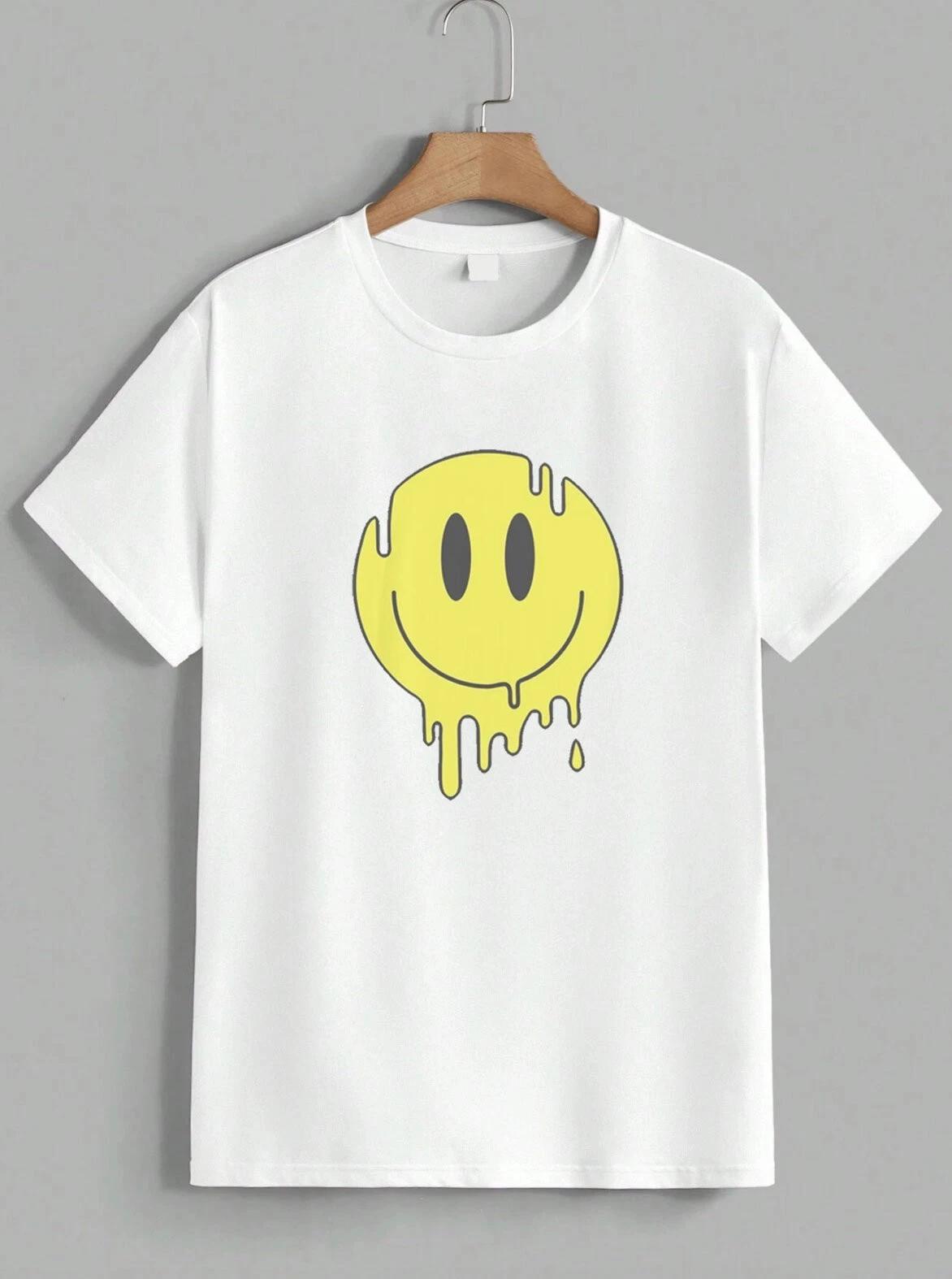 Melting Smiley Face T-Shirt Drippy Smile Graphic Tee Streetwear Retro Unisex L
