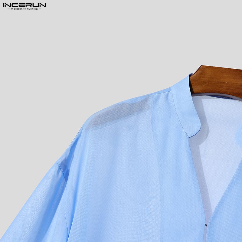 INCERUN Oversized Summer Men 3/4 Sleeve See Through Mesh Sheer Long Shirts Tops