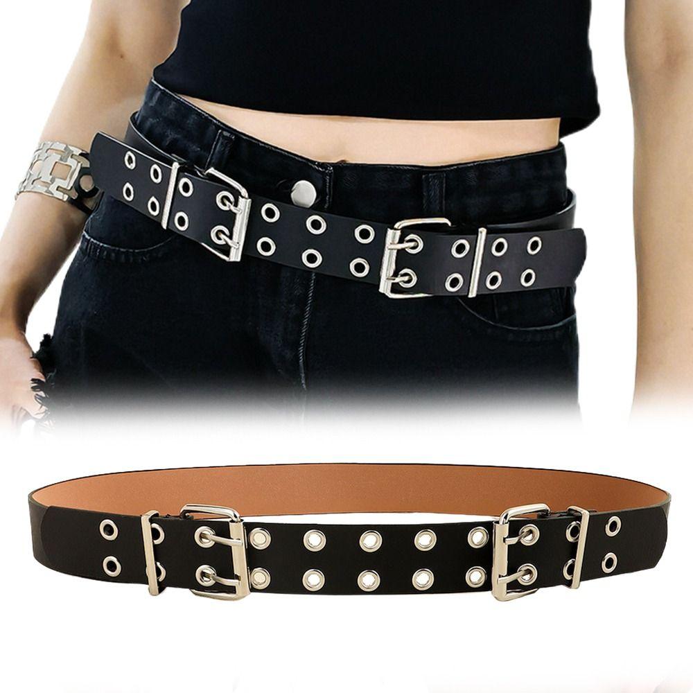 Round Eyelet Gothic Leather Belt Transparent Double Pin Buckle Waistband Rivet Belts  Men Women
