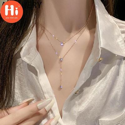 Hi Zircon Tassel Double Layer Necklace for Women Gentle Temperament Clavicle Chain Simple Jewelry