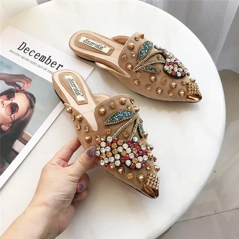 Fashion Women Flat Sole Single Shoe Baotou Slippers Rivet Crystal Rhinestone Cherry Pointed Shoe Women Lazy Shoe Rivet Designer Footwear