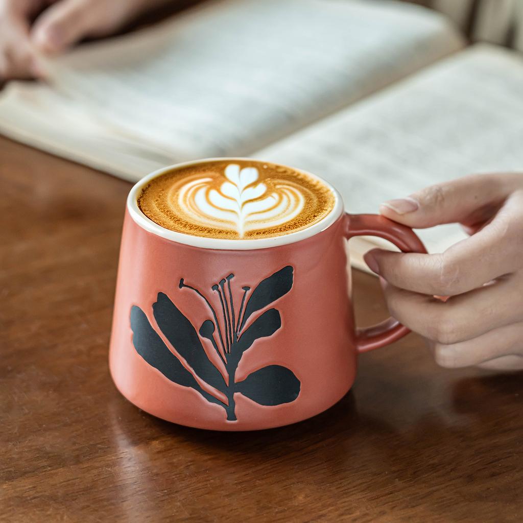High Value Ceramic Mug Relief Flower Breakfast Cup Household Cup Cup Large Capacity Coffee Cup Water Cup