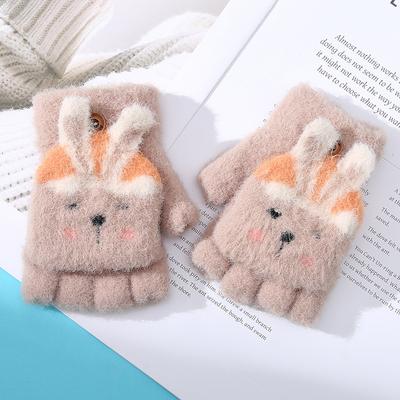 New Cartoon Cute Little Girl Winter Warm Gloves for Outdoor Cycling To Prevent Cold Baby Writing Half Finger Flip-up Cover