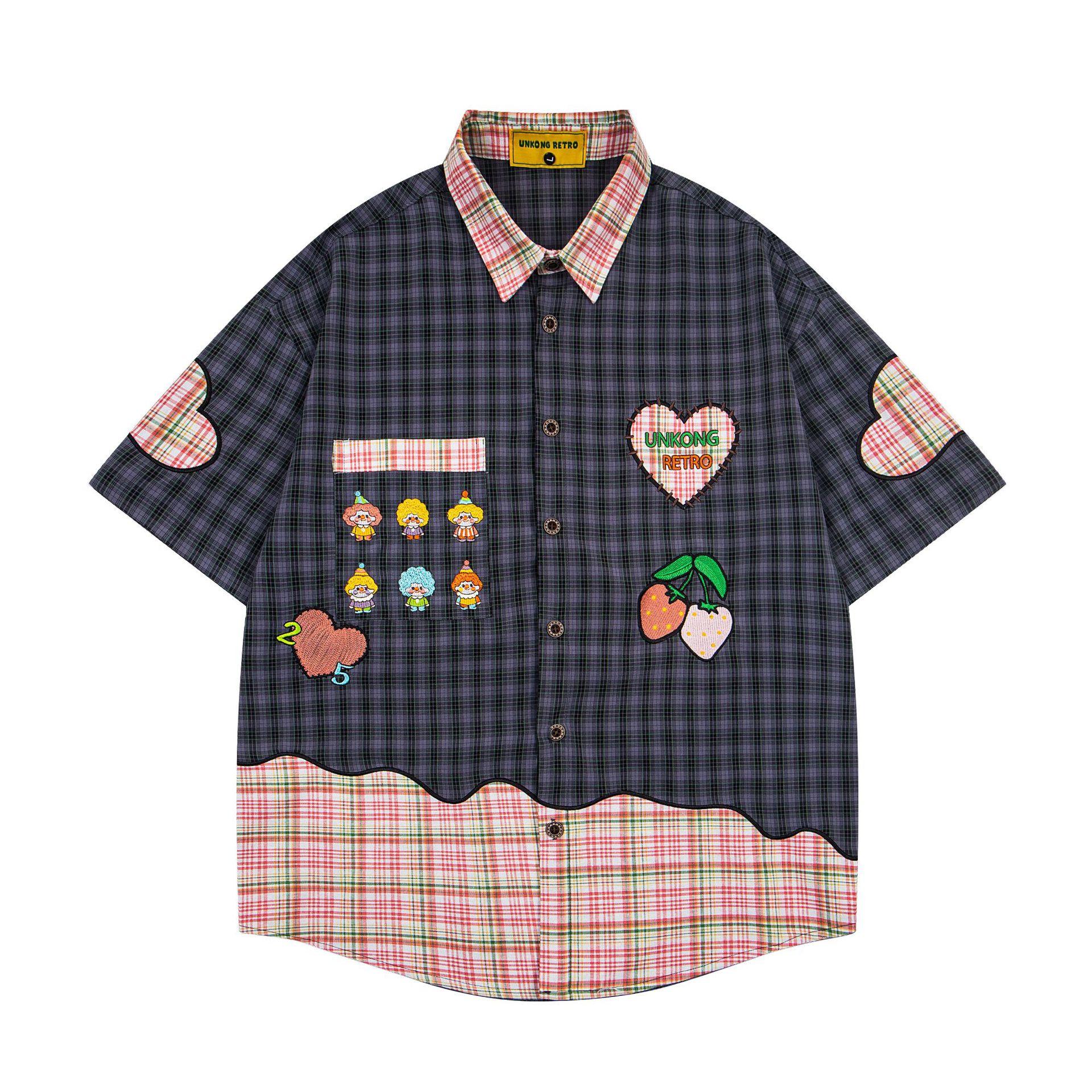 Summer Plaid Shirt Campus Style American Retro Tide Cartoon Embroidered Shirt Short Sleeve M