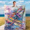 Coastal Style Dragonfly Pattern Throw Blanket, Vibrant Animal Themed Soft Flannel Fleece, All Seasons Knitted Blanket with Uniqu