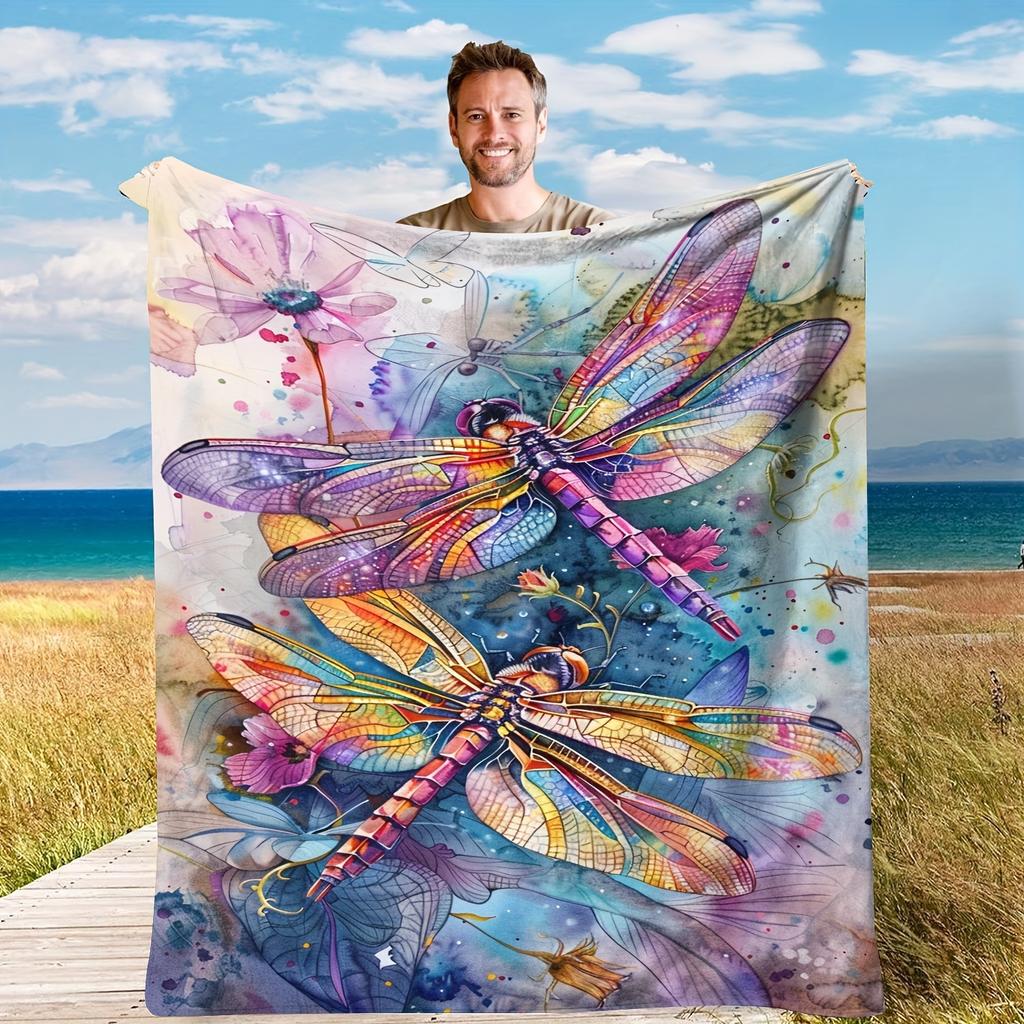 Coastal Style Dragonfly Pattern Throw Blanket, Vibrant Animal Themed Soft Flannel Fleece, All Seasons Knitted Blanket with Uniqu
