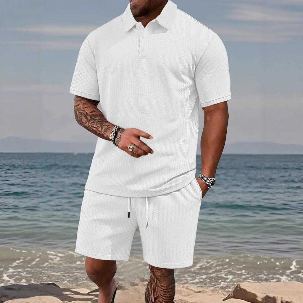 Men's Summer 2 Piece Outfit, Waffle Knit Polo Shirt and Elastic Waist Shorts, Casual Tracksuit for Beach Streetwear