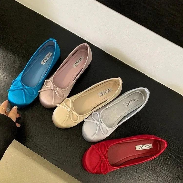 Fashion Fashion Silk Women Ballet Flats Shoes Luxury Designer Shallow Female Round Toe Butterfly-Knot Ladies Slides Shoes