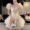 Ezgaga Dresses Women Floral V Neck Puff Sleeve Korean Fashion Slin Sexy Mini Dress Puffy Ball Gown Fairy Ladies Elegant