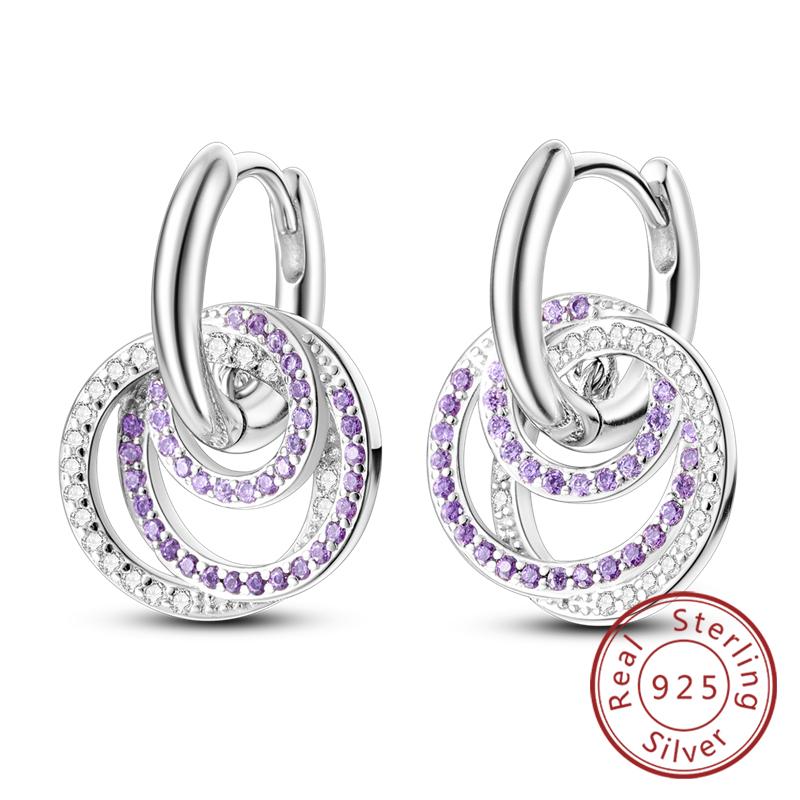 New Original 925 Silver Hoop Earrings Purple Zircon Flowers Butterflies Studs Earring For Women Wedding Engagement Gift