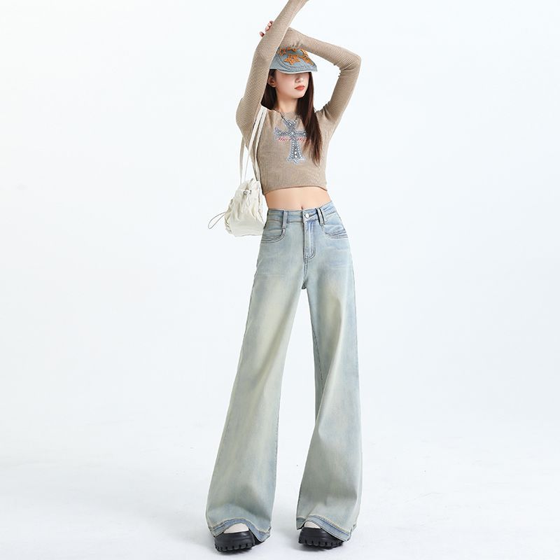 

Джинсы с высокой посадкой, облегающие, белые, широкие, расклешенные, для женщин, весенние, новые, горячие, для девушек, свободные, драпированные, штаны в пол L