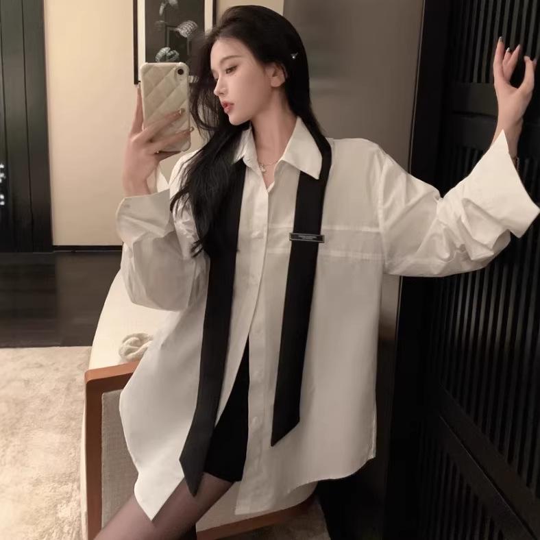 Women's White Tie Long Sleeve Mid-Length Casual Shirt – Spring/Autumn Loose Style