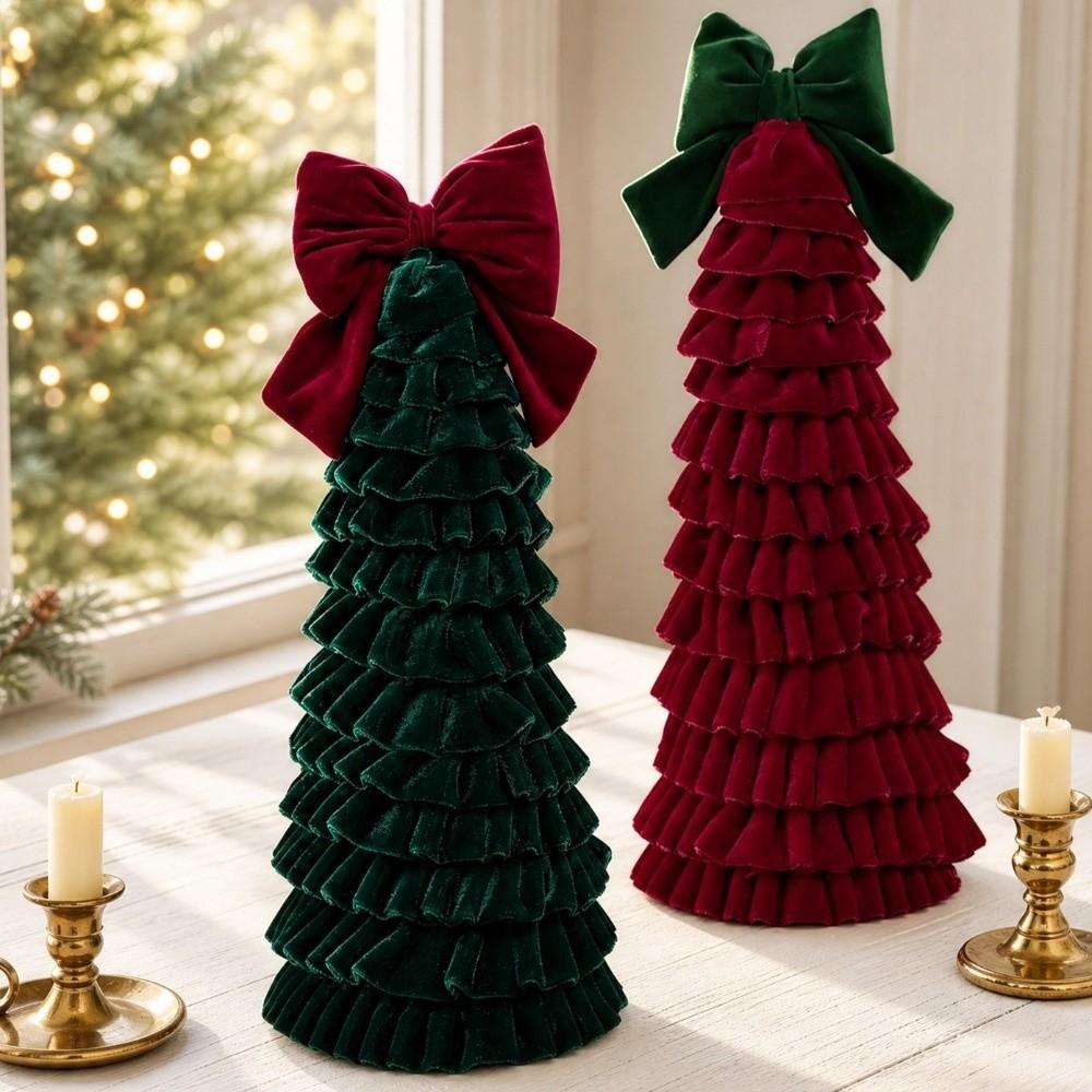 Bow Decor Christmas Tree Ornament Exquisite Tree Shape Bowknot Ruffled Style Tree Tower Home Decor