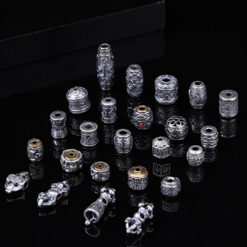 Antique-Finish Vajra Scepter Beads: Color-Preserving Silver Six-Syllable Mantra Spacer for DIY Tibetan Bracelets