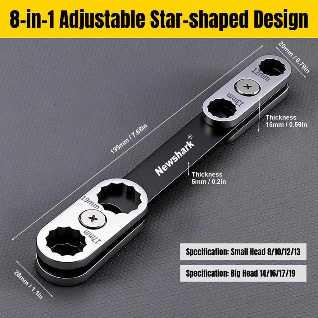 8-in-1 Multi-Function Universal Wrench Set, 360° Rotating Socket Wrench (6-19mm) for Auto & Motorcycle