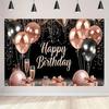 BlissYard Rose Gold and Black Happy Birthday Banner Backdrop Large Happy Birthday Glitter Balloons Photo Booth Photography Background Banner Supplies