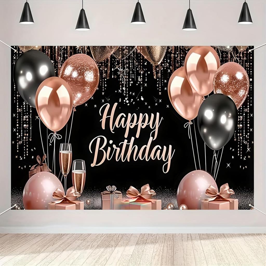 BlissYard Rose Gold and Black Happy Birthday Banner Backdrop Large Happy Birthday Glitter Balloons Photo Booth Photography Background Banner Supplies