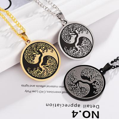 Fashion Popular Stainless Steel Life Tree Taiji Yin-Yang Eight Gossip Pendant Men's Party Holiday Gift Personality Necklace