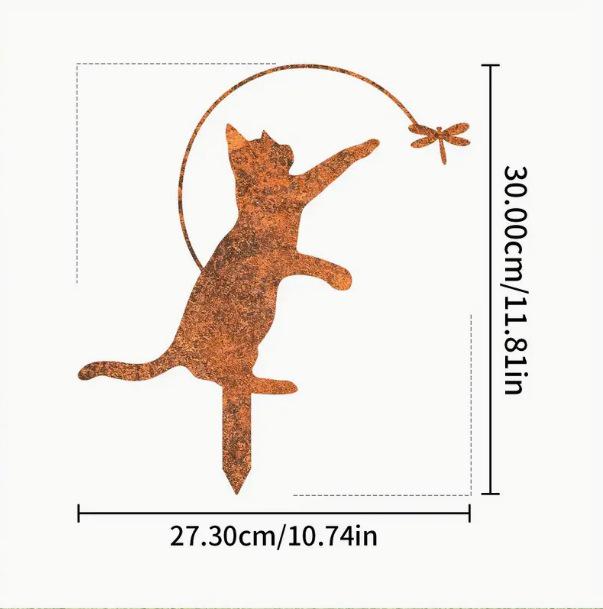 Rustic Metal Cat with Dragonfly Garden Sculpture